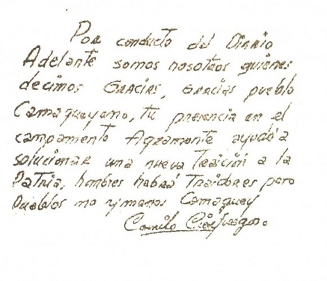 Escrito de Camilo al pueblo camagüeyano el 21 de octubre de 1959.