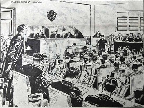 Fidel Castro en el estrado de los abogados, como acusador. Dibujo de Mesa. (Suplemento del periódico Revolución).